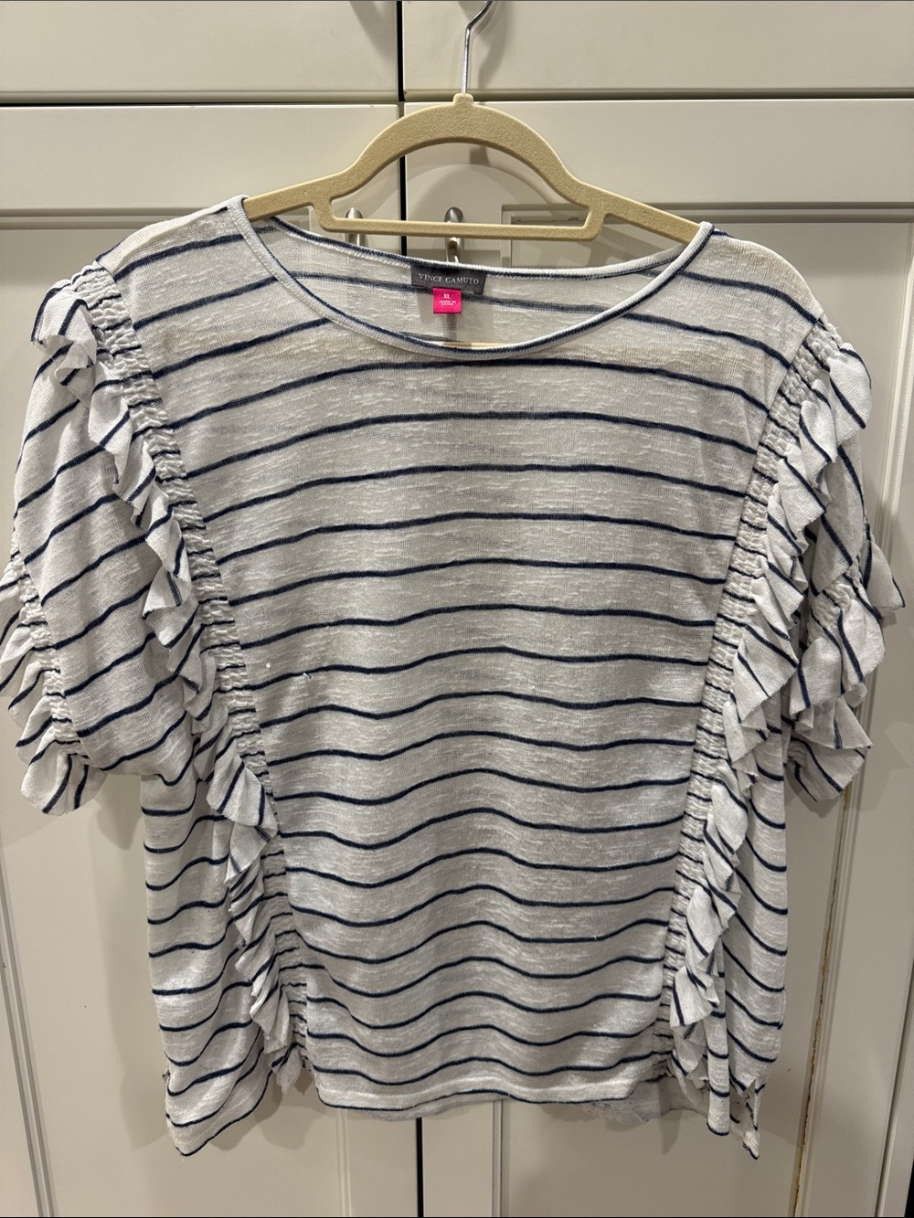 Vince Camuto White and Navy Striped Ruffle Sleeve Tee